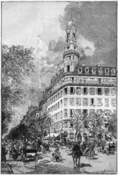 Grands boulevards et immeubles haussmanniens à Paris : Hôtel de la Compagnie « La New York » boulevard des Italiens. Gravure dans « Le Monde Illustré »