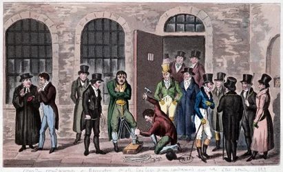 Grande-Bretagne Prison : Une condamnation à mort est attachée à la prison de Newgate à Londres (souvent mentionnée dans les romans de Charles Dickens). Gravure vers 1823. Bibliothèque des Arts Décoratifs.