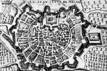 Grande ville de Milan, gravure de la carte de Milan, Italie