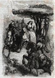 Griffon rencontre Origille - gravure de 1851 de "Roland furieux" (Orlando furioso) (16ème siècle) par Ludovico Ariosto, dit l