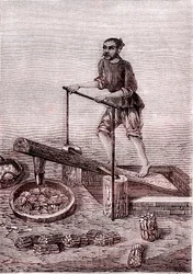 Broyage et cruchage des morceaux de bambous, fabrication du papier en Chine (IIIe siècle av. J.-C.) (gravure)