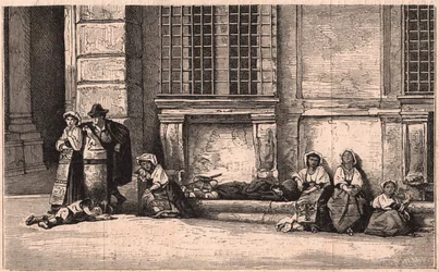 Groupe de paysans napolitains assis devant le palais Farnèse à Rome, Italie