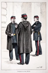 Gardiens de la paix (1871-1873). Eau-forte en couleurs, pour illustrer Histoire du corps des gardiens de la paix, livre publié sous les auspices de Louis Lépine (1846-1933) préfet de police de la Seine, par Alfred Rey (1864-?) et Louis Feron