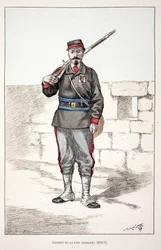 Gardiens de la paix mobilisés (1870-1871). Eau-forte en couleurs, pour illustration Histoire du corps des gardiens de la paix, livre publié sous les auspices de Louis Lépine (1846-1933) préfet de police de la Seine, par Alfred Rey (1864-?) et Louis Féron