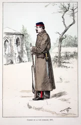 Gardiens de la paix mobilisés (1871). Eau-forte en couleurs, pour illustration "Histoire du corps des gardiens de la paix" livre publié sous les auspices de Louis Lépine (1846-1933) préfet de police de la Seine, par Alfred Rey (1864-?) et Louis Féron (1862