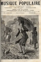 Guillaume Joseph Rousselle (Roussel), dit Cadet Rousselle (1743-1807), huissier français, sous la pluie dans une rue de Paris. gravure dans La musique populaire Illustrée hebdomadaire - 1881