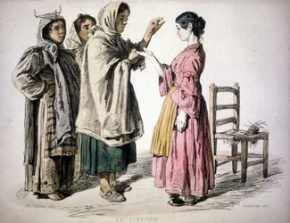 Gitane lisant dans la main - dans "Coutume du Royaume de Naples", De Bourcard