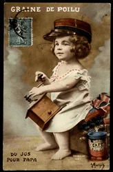 Graine de poilu - jus de papa : un enfant moule du café, carte postale, sd. début 20e siècle.