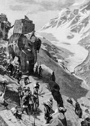 Hannibal traversant les Alpes avec des éléphants pour arriver en Italie (IIe Guerre punique). Gravure du 19e siècle.