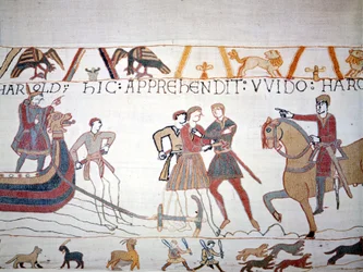 Harold II (1022 - 1066) débarque en Normandie où il est capturé par Guillaume Ier le Conquérant (1027 - 1087). Tapisserie de Bayeux, dite Broderie de la Reine Mathilde