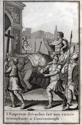 Héraclius Ier (Flavius Heraclius, Hérakleios (vers 575-610/641), empereur byzantin, fait une entrée triomphale à Constantinople. Il monte sur un char tiré par quatre éléphants et apporte devant lui la Vraie Croix (Sainte Croix) qui avait été prise