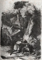 Hermonides renversé et secouru par Zerbin - gravure de 1851 de "Roland furieux" (Orlando furioso) (16ème siècle) par Ludovico Ariosto, dit l