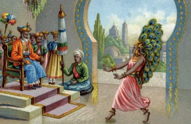 Danseur hindou orné de plumes de paon : les habitants se parent de plumes de paon ou en font des éventails. Chromolithographie du XIXe siècle