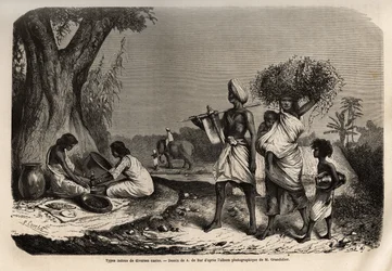 Types hindous de diverses castes, une famille de vaysias (commerçants), au pied de l