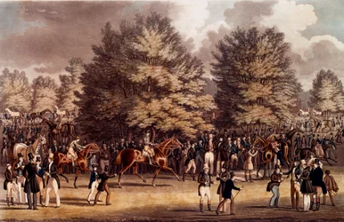 Hippisme : la préparation avant la course à Epsem, Angleterre. Lithographie de 1836 Collection privée