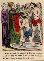 Son vœu avait été accompli, Clovis fut baptisé dans la cathédrale de Reims par Saint Rémi, évêque de la ville