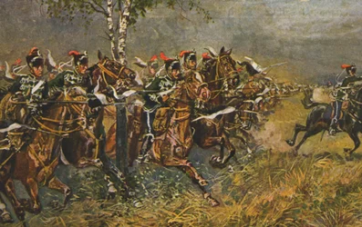 Carte postale historique avec motif de guerre, attaque des troupes prussiennes, Allemagne