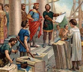Épisodes historiques de villes célèbres : Clovis choisit Paris comme résidence permanente (en 508). Chromolithographie du 19ème siècle