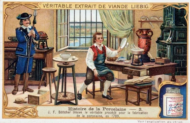 Histoire de la porcelaine : Johann Friedrich Böttger (Böttcher ou Böttiger) (1682-1719) découvre la véritable méthode de fabrication de la porcelaine en 1709 - chromolithographie Liebig