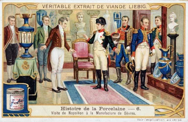 Histoire de la porcelaine : visite de Napoléon Bonaparte (1769-1821) à la manufacture de Sèvres - chromolithographie Liebig