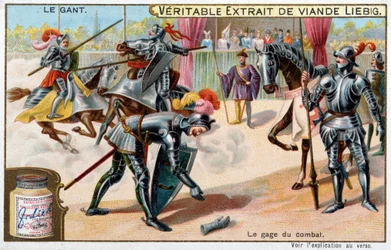 Histoire du gant : jeter le gant, gage de bataille dans les tournois de chevaliers - Chromolithographie Liebig