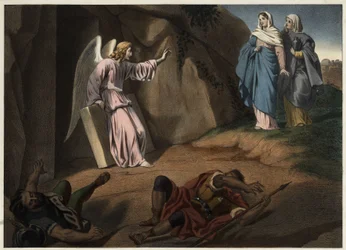 Saintes femmes visitant le Christ au tombeau. Gravure anonyme du 19ème siècle.