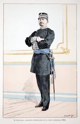 Honorat, inspecteur divisionnaire de la police municipale (1884). Eau-forte en couleurs, pour illustration « Histoire du corps des gardiens de la paix » livre publié sous les auspices de Louis Lépine (1846-1933) préfet de police de la Seine, par Alfred Rey