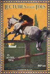 Équitation : Officier français à cheval franchissant une barrière. "Lectures pour tous du 15 avril