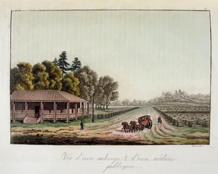 Auberge et diligence aux États-Unis - dans "Le costume ancien et moderne" par Ferrario, éd. Milan