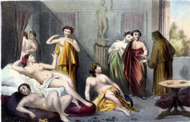 Maison dans la Grèce antique. Gravure du 19ème siècle