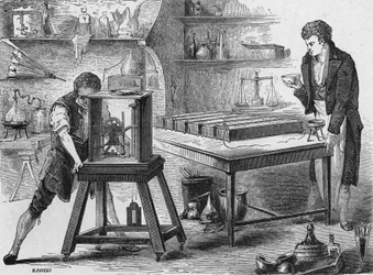 Humphry Davy décompose les alcalis par la batterie voltaïque. Dans « Album de la Science », Éditions Jouvet