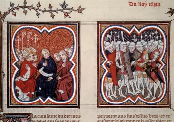 Guerre de Cent Ans : « À gauche le futur dauphin Charles V le sage (1338-1380) (régent à cette époque) et les conseillers des États Généraux ordonnèrent la libération de son père Jean II après la bataille de Poitiers en 1356, il était entouré par Étien...