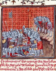 Guerre de Cent Ans : "le roi de France Jean II le Bon (1319-1364) pendant une bataille". Miniature tirée de "Les grandes Chroniques de France" de Jean Froissart (1337-1400) 14ème siècle Chantilly, Musée Condé