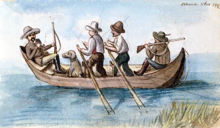 Chasseurs dans les marécages. Dessin