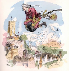 Illustration par Albert Robida dans « Histoire et aventures du Baron de Munchausen, H. Laurens Ed., fin du 19ème siècle »