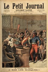 Illustration pour le Mercredi des Cendres, après le Carnaval de Mardi Gras, les costumes de fête passent devant le juge pour se dévoiler. Gravure dans « Le petit journal » 18/02/1893. Collection Selva.