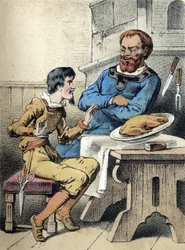 Illustration des contes de Franz Hoffmann "Contes et Fables - Le Joyeux petit tailleur". Chromolithographie du 19ème siècle.