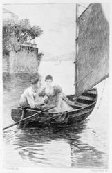 Illustration du « Rouge et le Noir » de Stendhal. 1830. Julien Sorel et Madame de Rênal représentés sur un voilier. Gravure de la fin du XIXe siècle.
