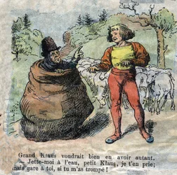 Illustration de la fin du XIXe siècle pour le conte de Hans Christian Andersen (1805-1875) « Grand Claus et Petit Claus » (Klaus). Collection privée.
