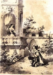 Illustration de la chanson « Le Roi a fait battre le tambour » : un homme déclarant son amour à une femme à sa fenêtre