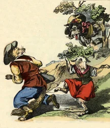 Illustration du conte « Bon Médor et la Petite Chevrette ». Dans « Contes de la maison pour les petits ». Gravure anonyme du XIXe siècle