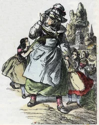 Illustration du conte "Bonne Maman Mouton". Dans "Contes de la maison pour les petits". Gravure anonyme du XIXe siècle.