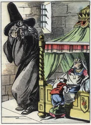Illustration du conte "Le terrible Raminagrobis et les souris", personnage tiré des fables de Jean de La Fontaine. Dans "Contes de la maison pour les petits". Gravure anonyme du XIXe siècle.