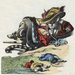 Illustration du conte « Le terrible Raminagrobis et les souris ». Dans « Contes de la maison pour les petits ». Gravure anonyme du XIXe siècle