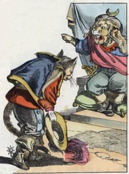 Illustration du conte « Le terrible Raminagrobis et les souris ». Dans « Contes de la maison pour les petits ». Gravure anonyme du XIXe siècle