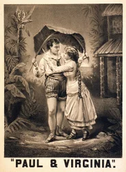 Illustration sur Paul et Virginie. Roman par Henri Bernardin de Saint Pierre (Saint-Pierre ou St-Pierre), écrivain français (1737-1814). Lithographie, vers 1880.