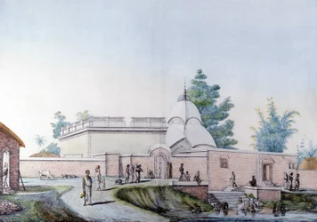 Culture et civilisation indiennes : bain dans le fleuve Hooghly à Calcutta (ou Kolkata), Inde (Gravure de 1808)