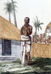 Culture et civilisation indiennes : musicien jouant de la flûte bansuri, instrument de musique traditionnel, Inde. Gravure 1808.
