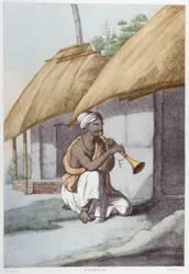 Culture, civilisation et société indiennes : musicien avec flûte traditionnelle indienne. Gravure de 1808.
