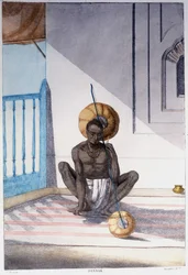 Culture, civilisation et société indiennes : musicien avec instrument à cordes traditionnel indien. Gravure de 1808.